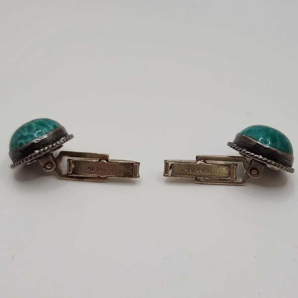 Vintage Alpaca Silver Green Peking Glass Cabochon Cufflinks Mexico Southwest